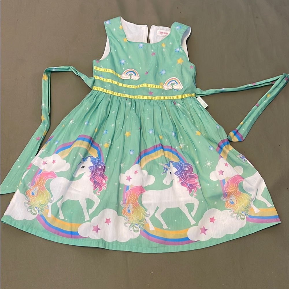 SUNNY FASHION Girls' Green Unicorn Rainbow DRESS-size 6”